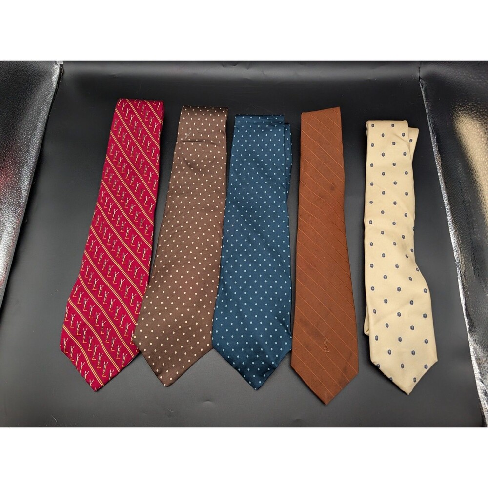 Lot of 5 Yves Saint Laurent YSL Silk Neckties Red Blue Brown Cream RARE VINTAGE
